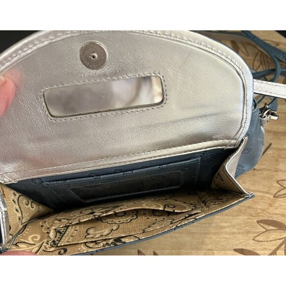 Brighton Small Leather Crossbody Teal Blue Silver Metallic Flower Embossed - Picture 6 of 11